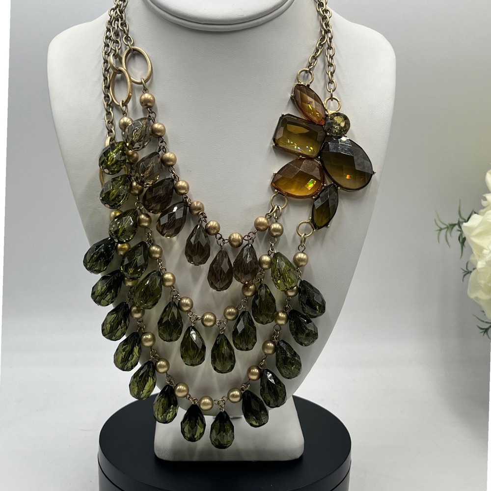 Lydell NYC Multi-strand Faceted Beads Olive Amber Gold-tone Statement Necklace
